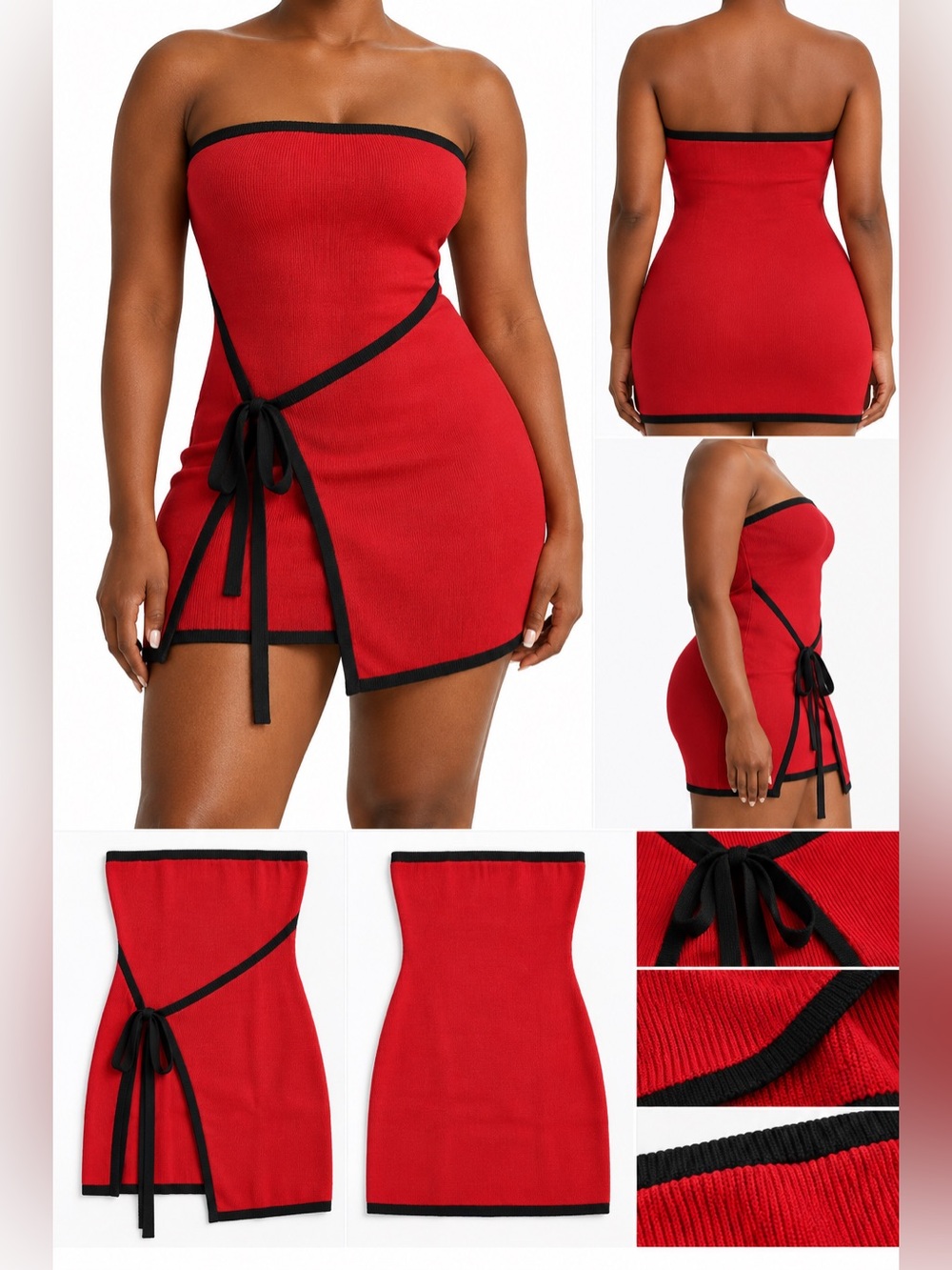 Strapless Red Knit Mini Dress with Black Trim